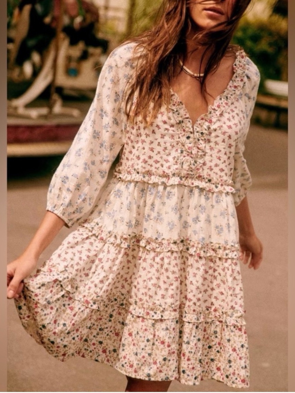 Sezane Vivi Tiered Floral Mini Dress Pink and Blue 36